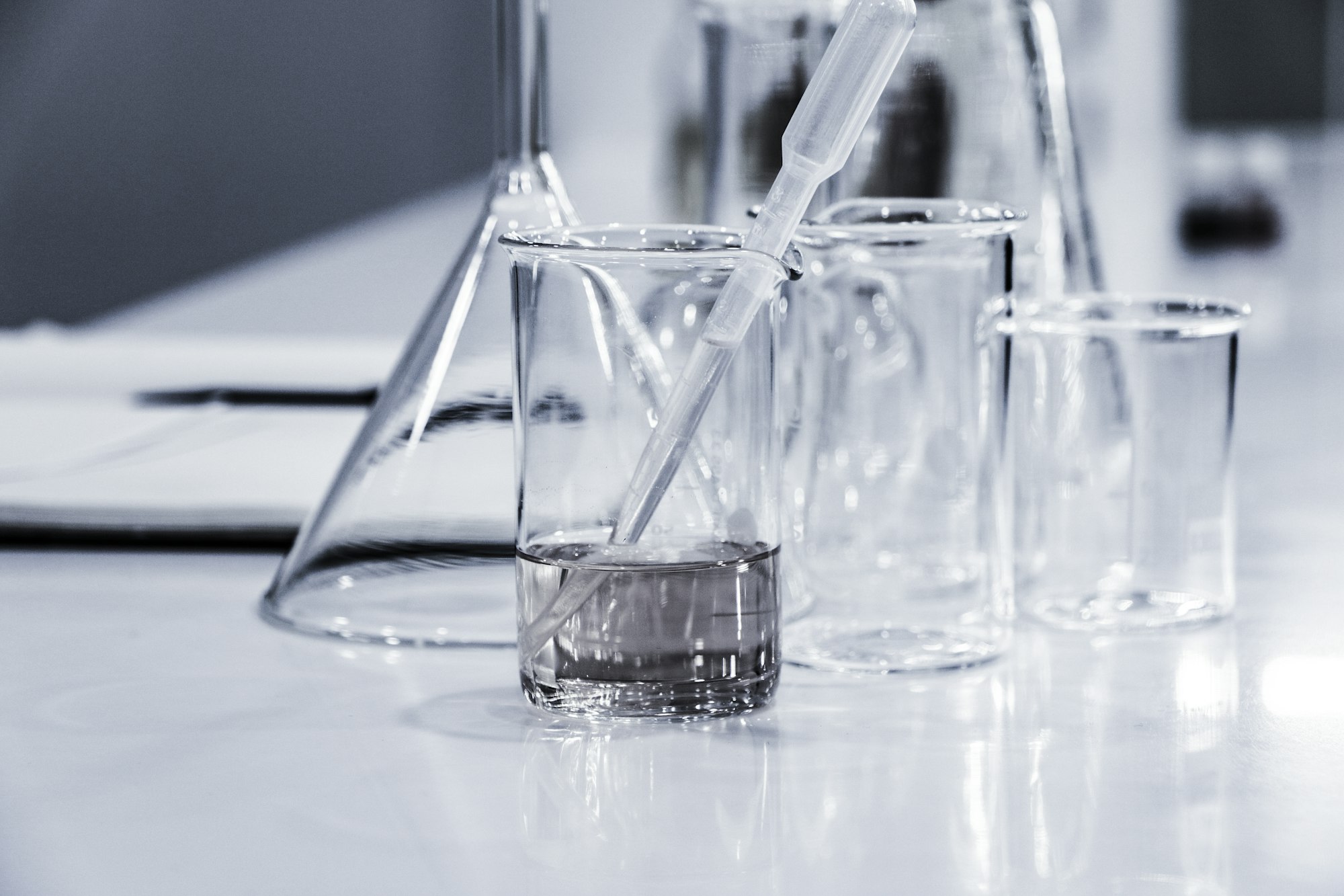 Laboratory glassware in a research lab
